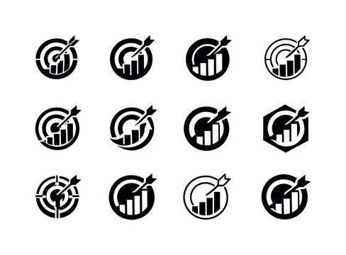 Progress Tracker Icons. Tracking progress and self-improvement. Icon set. Set Logo of Tracking progress and self-improvement: target with progress indicator.