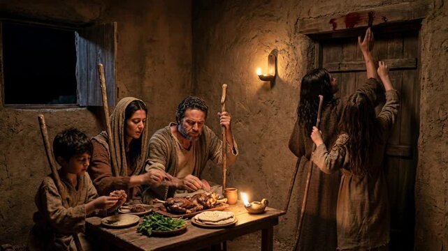 Israelite family eating the first Passover meal in haste inside ancient house with blood on doorpost