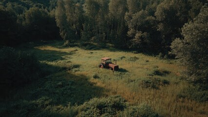 Naklejka premium Old Tractor in Sunny Field Surrounded by Forest