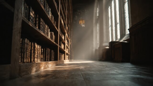 Old library perspective with light and books