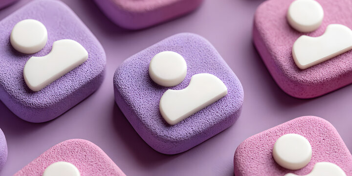 Close-up of purple foam tokens with white user icons, symbolizing digital profiles, identity, or social networking, arranged on a soft purple background with selective focus.
