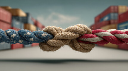 A visual metaphor for tariffs as a tug-of-war, with two sides pulling on a rope representing trade agreements