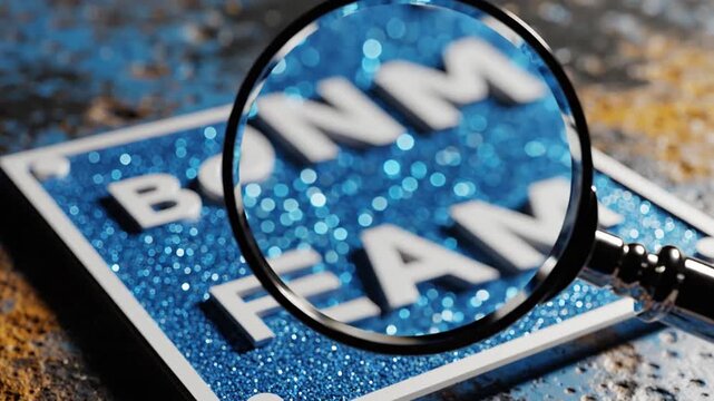 Magnifying glass examining a blue sign with white letters on a textured surface