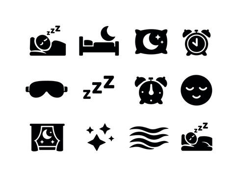 Sleep Icon Set. Sleep & Rest. Solid icon set of Sleep & Rest: sleeping person, bed with moon, pillow moon, alarm off, sleep mask, zzz symbol, bedtime clock,