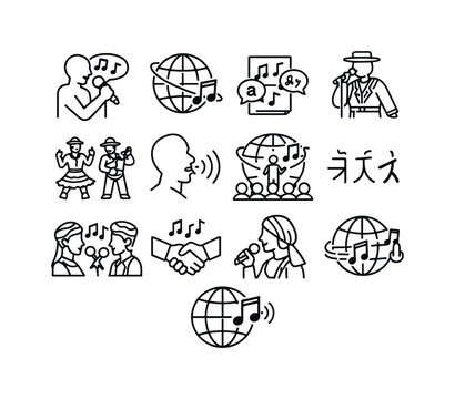 Global Singing Icons. Singing in Foreign Languages or Dialects. Line icon set of Singing in Foreign Languages or Dialects: singer with microphone, musical