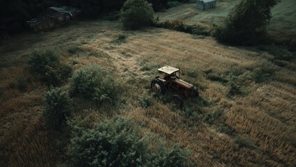 Vintage Tractor in Rural Field Landscape