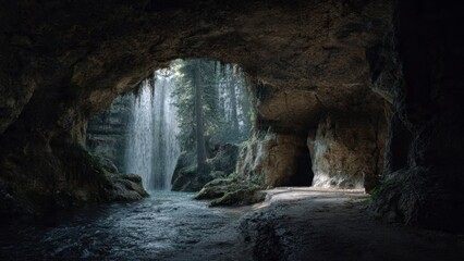 Obraz premium Waterfall view from cave entrance
