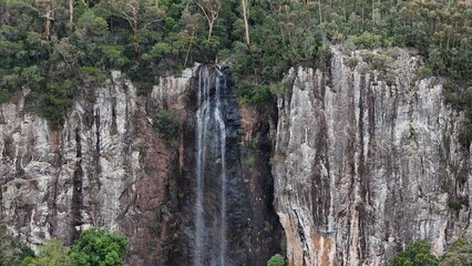 Rainbow Falls,  Springbrook National Park, Queensland, Australia, a magnifikat waterfall cascades downward, nestled within thriving green forests and rugged, natural rocky terrain. © Friedrich