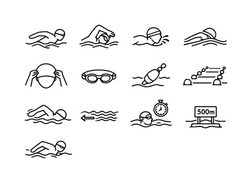 Ocean Fitness Icons. Ocean Fitness Swim. Line icon set of Ocean Fitness Swim: athletic swimmer, strong strokes, breathing technique, wave timing, swim cap