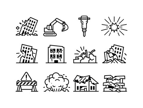 Building Demolition Icons. Building Demolition. Line icon set of Building Demolition: collapsing building, excavator arm, hydraulic breaker, implosion lines,