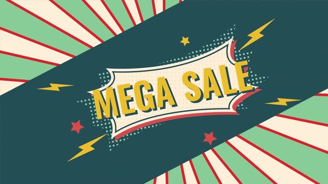 Retro Pop Art Mega Sale Animated Banner with Lightning Bolts and Sunburst Background, Seamless Loop
