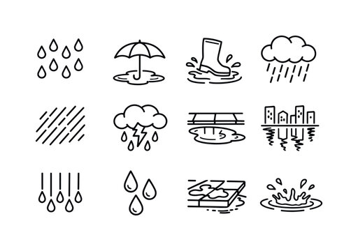 Rainy Weather Icons. Rainy Weather. Line icon set of Rainy Weather: falling raindrops, umbrella over puddle, boot splash, rain cloud, drizzle lines, storm