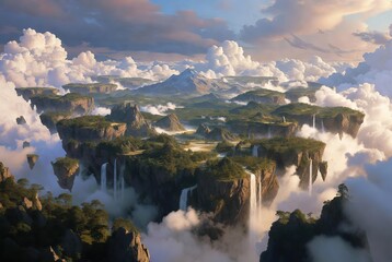 Majestic mountain landscape with waterfalls