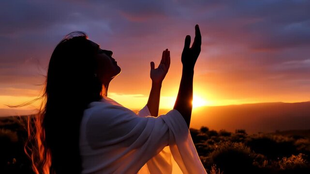 Faith in god. Christian woman praying at sunset close-up. Girl on background of sky in rays of sun prayer to family and children. Relaxation and meditation in nature. Apologize. Hope. Silhouette