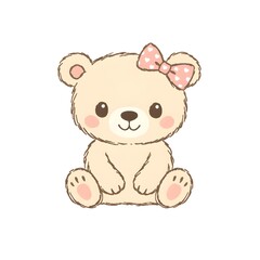 Naklejka premium A bear sits with its legs out in front. It has a small pink bow on its head. The bear has a friendly face with round cheeks and a happy expression