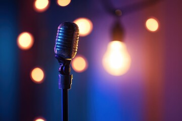 Obraz premium Retro microphone illuminated by decorative lights in a vibrant setting during a live performance