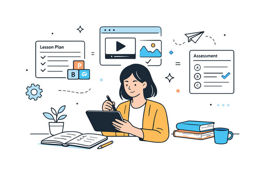 Interactive Lesson Planning. E-learning content design. A teacher reviewing lesson plans and digital slides on a tablet, planning interactive modules and