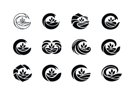 Urban Farming Emblems. urban farming riptides. Icon set. Set Logo of urban farming riptides: stormwater crop loop. harmonious logo variations of the same