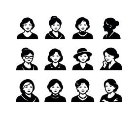 Senior Lady Icons. Senior lady. Solid icon set of senior lady: mature woman, elderly portrait, graceful aging, calm smile, classic look, soft features, wisdom