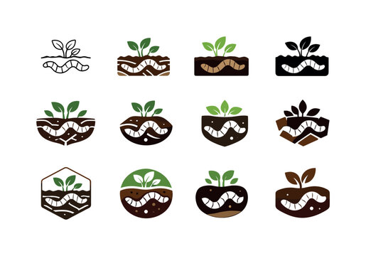 Soil Health Icons. Soil health improvement. Icon set. Set Logo of Soil health improvement: earthworm in soil. harmonious logo variations of the same emblematic