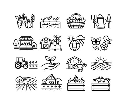 Sustainable Farming Icons. Local sustainable farming. Line icon set of Local sustainable farming: organic crops, healthy soil, green harvest, eco farming