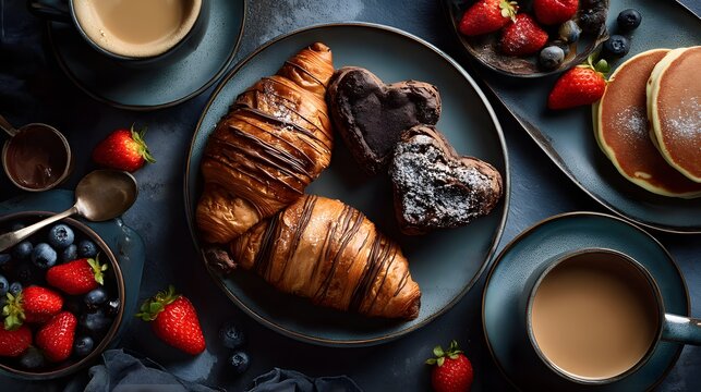 A plate of croissants, chocolate hearts