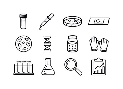 Scientific Icon Set. Microbial Life Sampling. Line icon set of Microbial Life Sampling: sample vial, pipette, petri dish, microscope slide, bacterial colony,