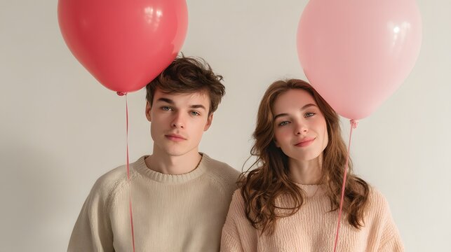 A young man and woman are holding up two red balloons