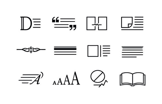 Editorial Typography Icons. Editorial typography. Line icon set of editorial typography: drop cap, pull quote, column break, text wrap, ornament divider,