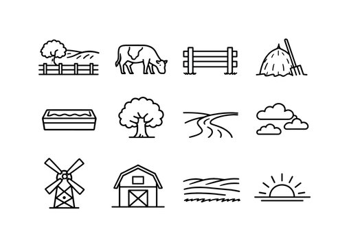 Countryside Icon Set. Countryside field. Line icon set of Countryside field: pasture land, grazing cow, wooden fence, haystack, water trough, country tree,