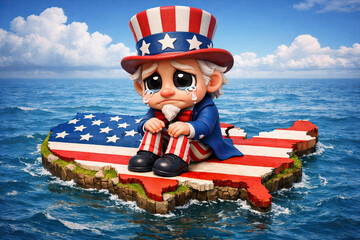 Sad American Uncle Sam Character Floating on a USA Island.
 alone. Political Cartoon