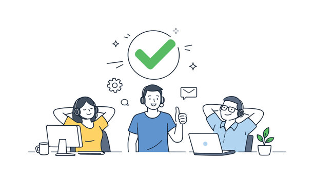 IT Support Success. IT support team success. Issue resolved with a checkmark icon, team members relaxed and satisfied near their screens.