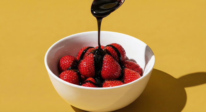 Esta imagen cierra el c&iacute;rculo de postres perfectamente. Al igual que las anteriores, el uso de un fondo s&oacute;lido (esta vez amarillo mostaza) crea un contraste vibrante con el rojo de las fresas y el osc