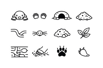 Obraz premium Mole Icon Set. Mole. Line icon set of Mole: mole animal, tiny paws, burrow entrance, soil mound, tunnel path, nose whiskers, earth clod, leaf sprig,