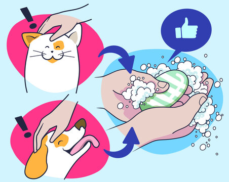 Wash your hands after you play with the animals. Personal hygiene. Healthcare illustration for kids. Vector illustration. 