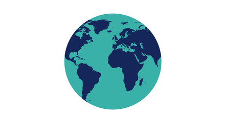 Stylized world map with continents in dark blue on a teal background.