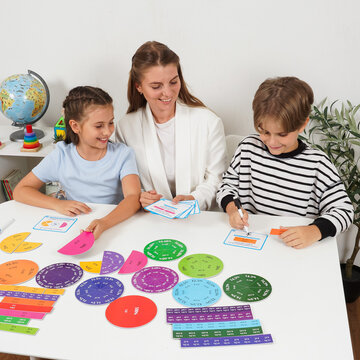 An engaging scene of a teacher and two students exploring math concepts using visual aids. Capturing the essence of active learning, student engagement, and early childhood development.