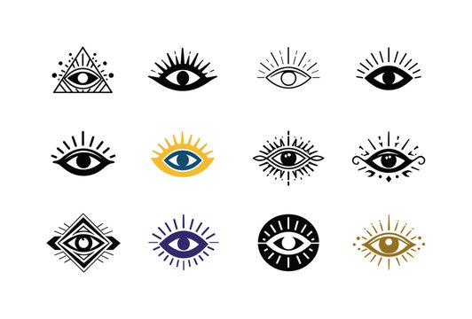 Spiritual Awakening Icons. Spiritual awakening. Icon set. Set Logo of Spiritual awakening: third eye symbol with aura. harmonious logo variations of the same