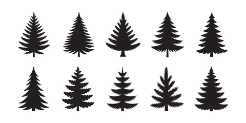Obraz premium Collection of Pine Tree Silhouettes Isolated on White Background.