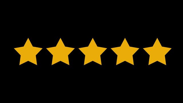 Five star rating icon animated video, animation video isolated on alpha channel background. Animated of 5 stars rating. Motion graphics of review concept