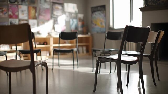 Medium shot of a circle arrangement in a wellness classroom emphasizing hands joined in the center with chairs and motivational posters softly blurred behind.