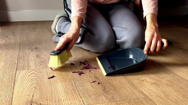 A woman sweeping the floor. Housekeeping. Female hands sweeping flower petals into a dustpan. Cleaning with a brush.