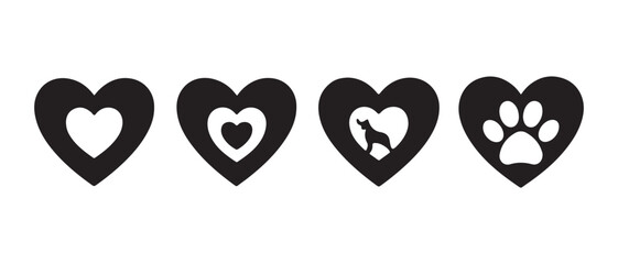 Set of Heart Icons with Animal and Nested Shapes, Isolated on White Background.