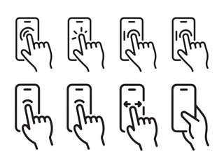 Set of Finger Touch Gestures on Smartphone Screen, Isolated on White Background.