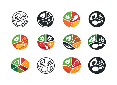 Balanced Meal Icons. Eating a balanced meal. Icon set. Set Logo of Eating a balanced meal: divided plate with vegetables, protein, grains. harmonious logo