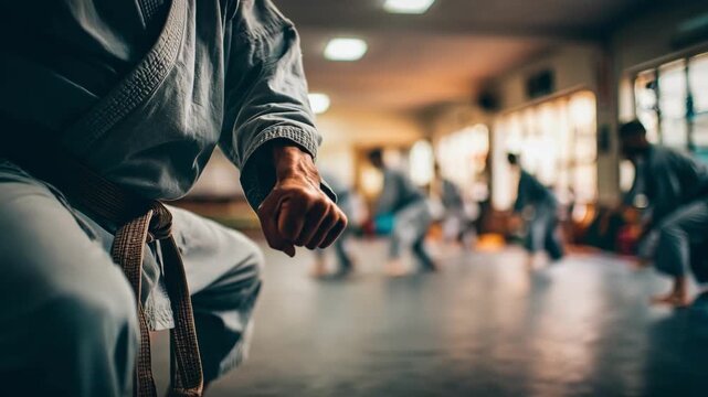 Focused adult learner practicing selfdefense movements sharp foreground detail on belt and stance contrasted against the blurred dojo and classmates training around them.