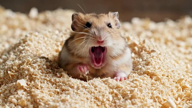 A cute hamster peeks out of its cozy burrow in fluffy bedding. It yawns widely, then playfully dives back into the nest for more moments of fun.