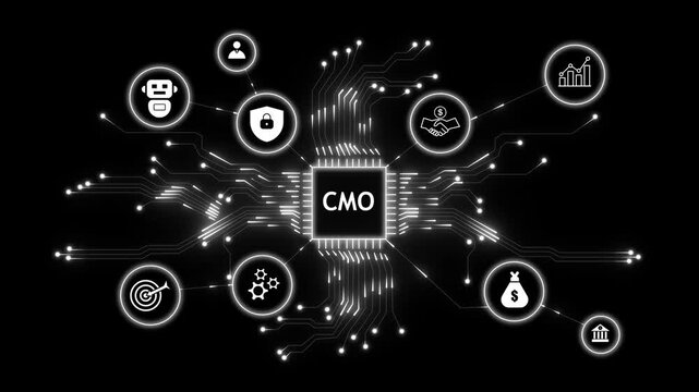CMO concept network connections digital technology innovation business strategy growth finance. Futuristic cmo marketing technology concept with ai analytics, secure network and business growth.