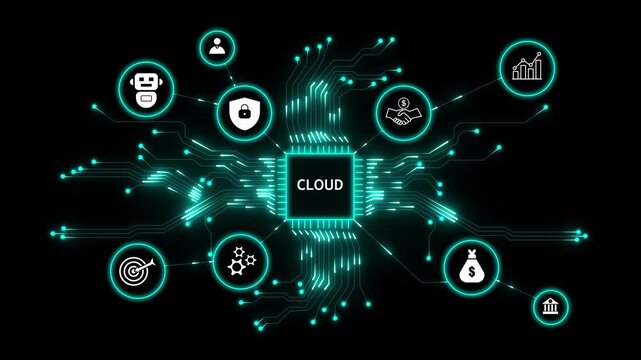 Futuristic cloud technology concept with secure ai network, data processing and business growth. Digital cloud network connecting technology icons representing artificial intelligence security.