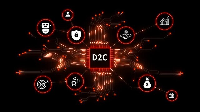 D2 C business model concept with digital circuit board connections and business icon. Futuristic csr concept with digital network, ethical responsibility and sustainable business growth.
